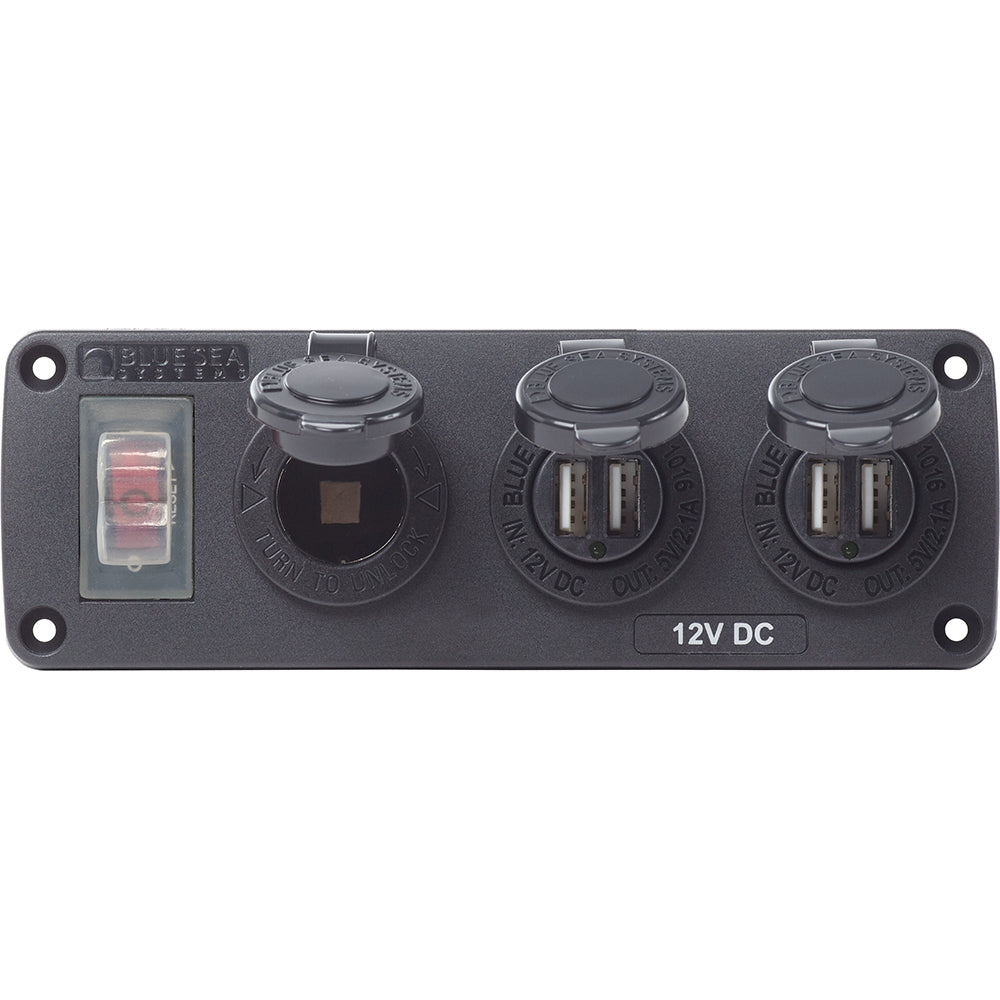 Blue Sea 4365 Water Resistant USB Accessory Panel - 15A Circuit Breaker, 12V Socket, 2x 2.1A Dual USB Chargers